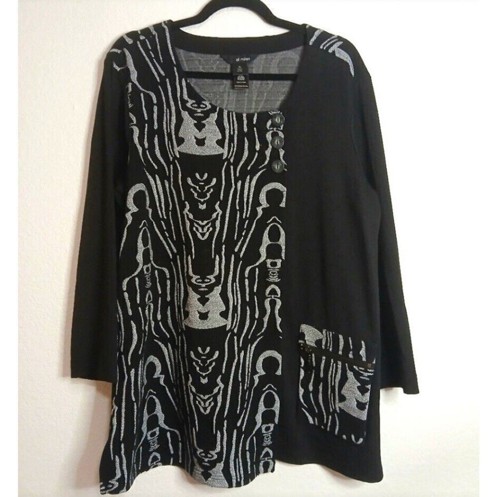 Ali Miles Black Tunic Shirt Blouse XL Women Stretchy Pockets Unique Modern Artsy
